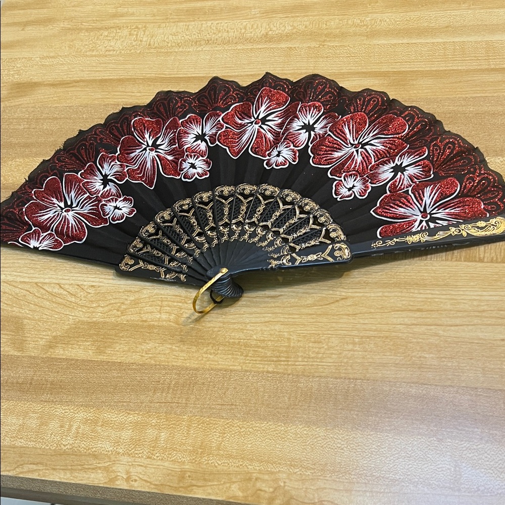 #1422: Elegant Black and Red Floral Hand Fan